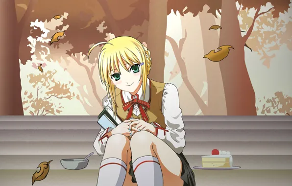Осень, девушка, ступени, тортик, сейбер, Судьба ночь схватки, Fate / Stay Night