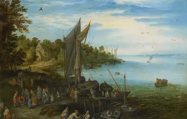 Пейзаж, масло, картина, Jan Bruegel, Ян Брейгель старший, Берег реки, 1650