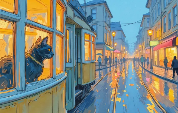 Дорога, кошка, кот, свет, ночь, город, огни, поза