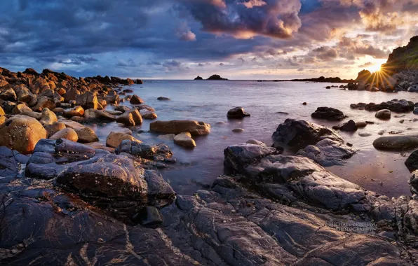 Картинка море, небо, солнце, облака, закат, берег, Англия, Michael Breitung