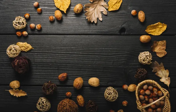 Картинка осень, листья, фон, дерево, colorful, орехи, wood, background