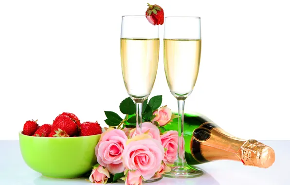 Картинка цветы, розы, бокалы, клубника, шампанское