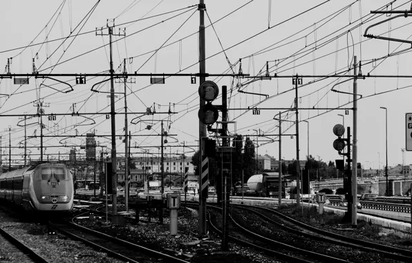 Рельсы, поезд, чёрно-белое, железная дорога, монохром, железнодорожные пути
