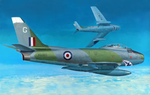 Небо, рисунок, арт, реактивные, истребители-бомбардировщики, одноместные, ВВС Италии, «Сейбр» Mk-4