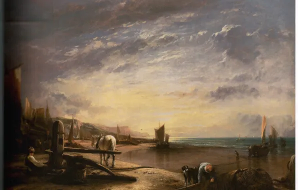 Картинка море, лошадь, собака, корабли, рыбак, COLLINS R. A