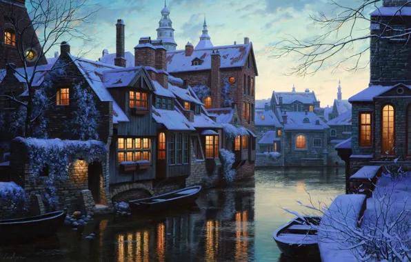 Зима, снег, lights, река, дома, лодки, Бельгия, сумерки