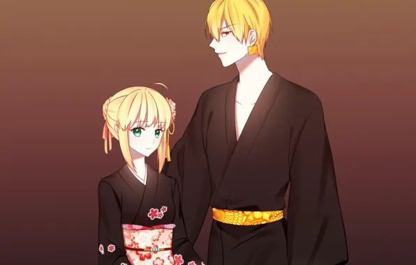 Аниме, арт, Гильгамеш, Fate stay night, Артурия, сейбер, арчер, Судьба ночь схватки