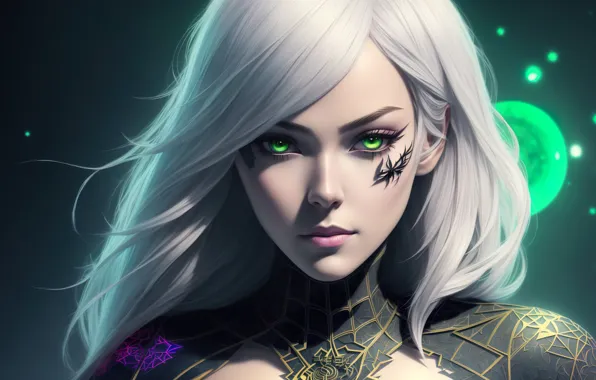Girl, art, blond, fantasy art, spider girl, fantasy girl, green eye, Stable Diffusion