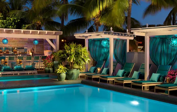 Пальмы, вечер, бар, бассейн, курорт, терраса, Key West, Resort
