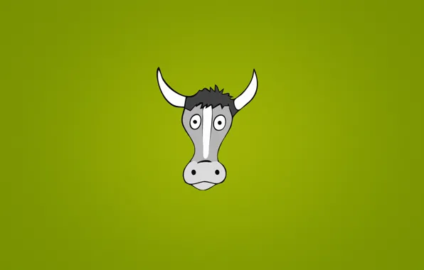 Картинка животное, корова, минимализм, голова, рога, глазастая, зеленый фон