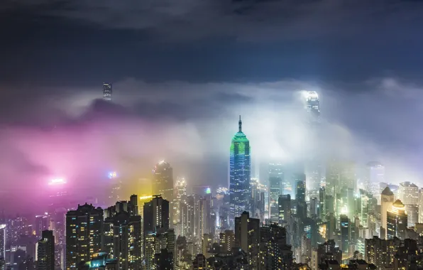 Картинка свет, ночь, огни, туман, China, здания, Гонконг, небоскребы