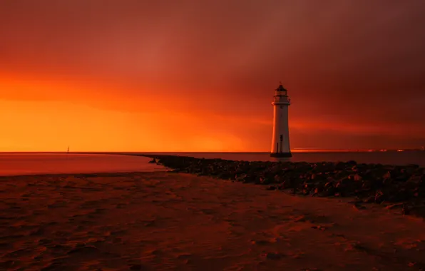 Пляж, рассвет, маяк, Perch Rock lighthouse