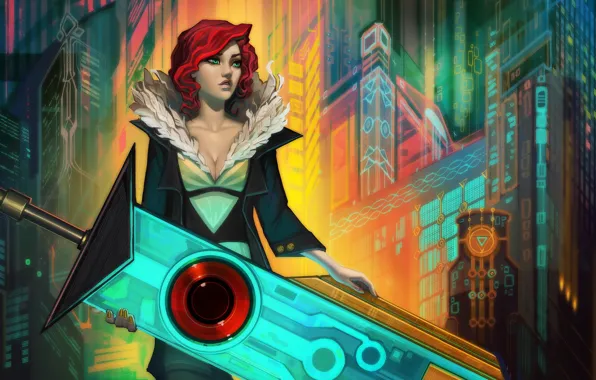 Девушка, меч, арт, red, transistor, Supergiant Games