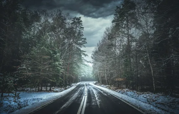 Зима, дорога, лес, снег, тучи, шоссе, сосны
