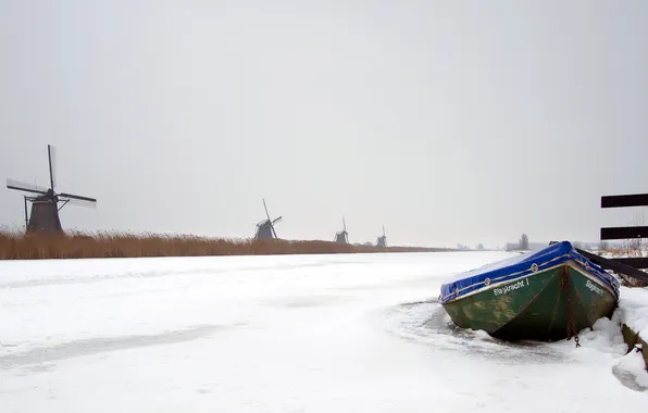 Картинка зима, лодка, канал