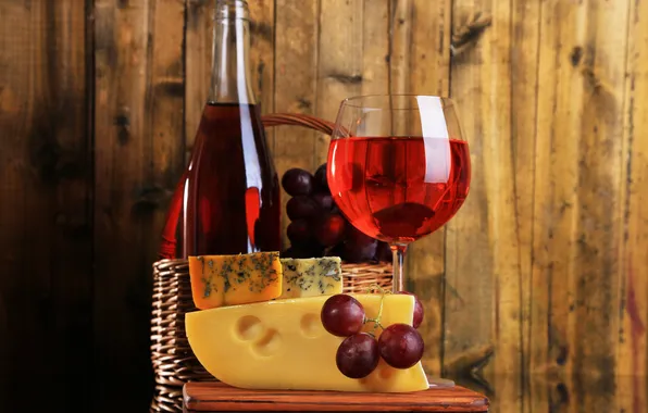 Картинка вино, корзина, сыр, виноград