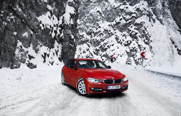 Картинка зима, дорога, снег, горы, бмв, BMW, red, красная