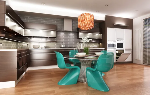Стол, мебель, кухня, люстра, design, kitchen, 3D Графика