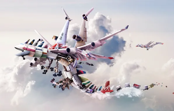 Картинка облака, рендеринг, драконы, технологии, полёт, самолёты, двигатели, видов