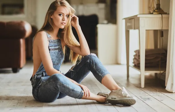 Girl, cute, denim, jumpsuit