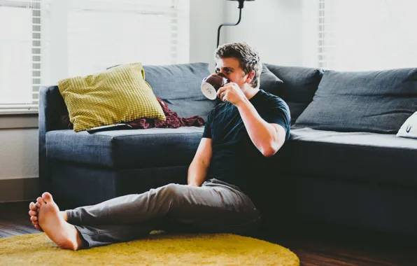 Man, living room, coffee, mug, watching