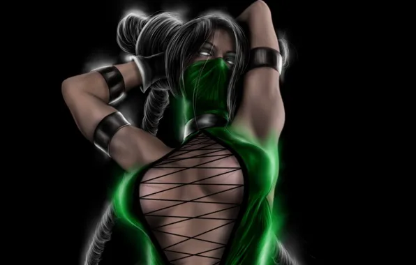 Взгляд, поза, зеленый, руки, арт, костюм, черный фон, Mortal Kombat