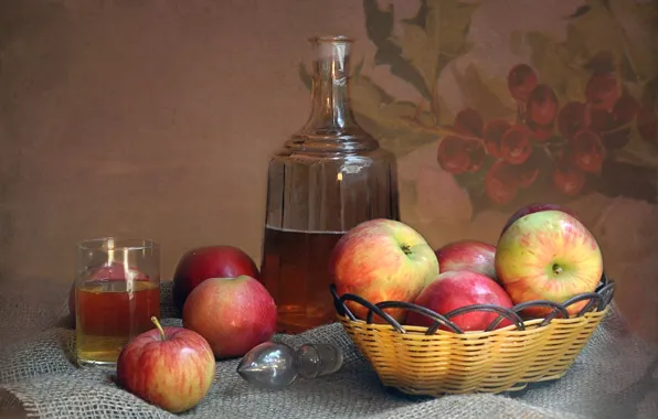 Яблоки, сок, натюрморт, графин, Still Life