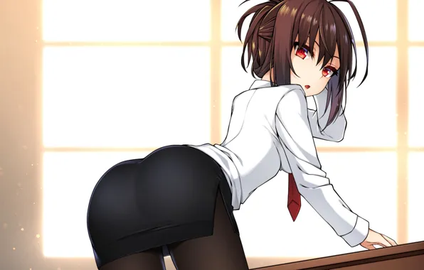 Girl, sexy, ass, blouse, brown hair, anime, beautiful, red eyes