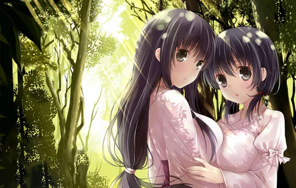 Sexy, forest, long hair, girls, boobs, anime, beautiful, short hair