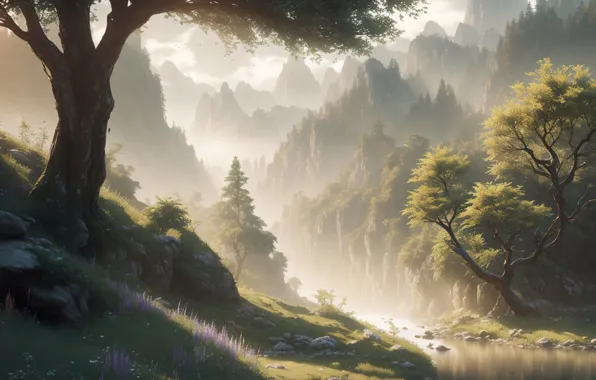 Grass, river, landscape, nature, art, tree, digital art, fantasy art