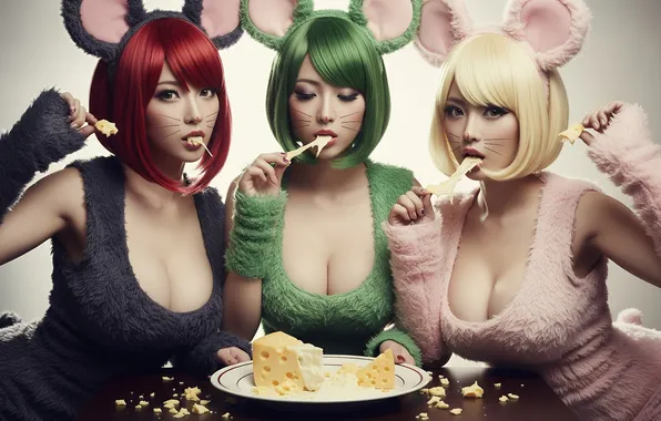 Cleavage, Asian, redhead, blonde, cheese, green hair, AI art, mouse ears