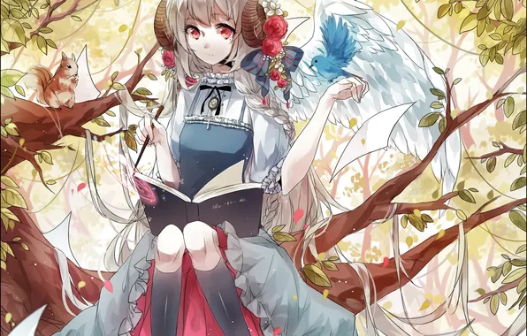 Картинка девушка, цветы, птицы, природа, розы, крылья, аниме, белка