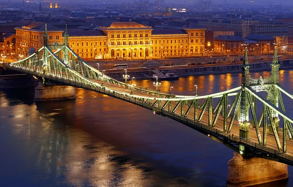 Картинка дорога, река, здание, освещение, подсветка, фонари, Венгрия, Hungary