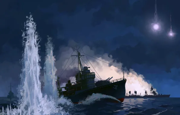Картинка море, ночь, огни, рисунок, взрывы, корабли, ракеты, арт