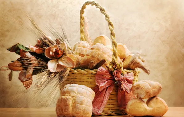Цветы, корзина, хлеб, натюрморт