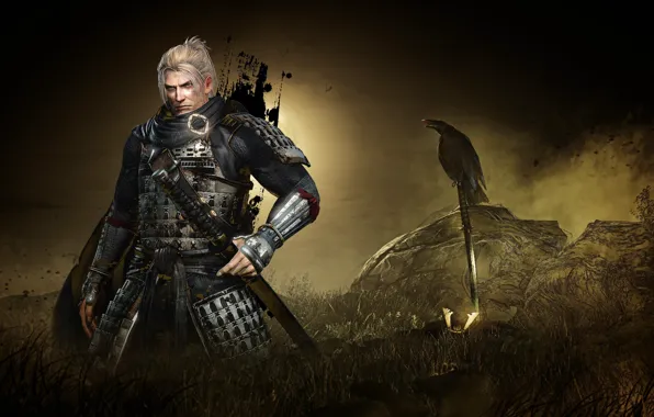 Rock, armor, crow, katana, man, ken, blade, samurai