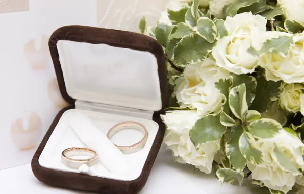 Цветы, букет, белые розы, flowers, обручальные кольца, wedding rings, a bouquet of white roses
