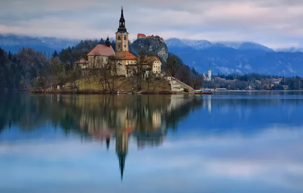 Отражение, горы, церковь, природа, дома, Словения, островок, Блед