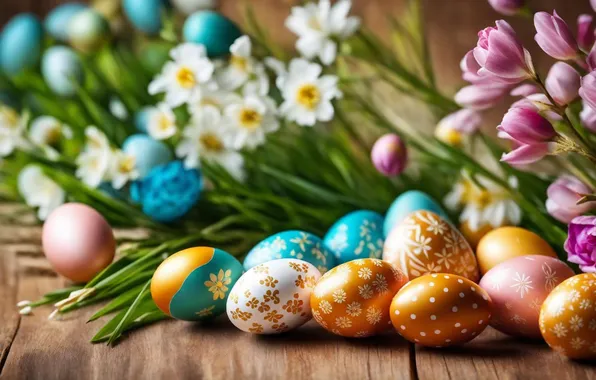 Картинка цветы, яйца, весна, colorful, Пасха, happy, flowers, spring