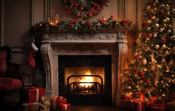 Картинка украшения, комната, шары, елка, интерьер, Новый Год, Рождество, подарки