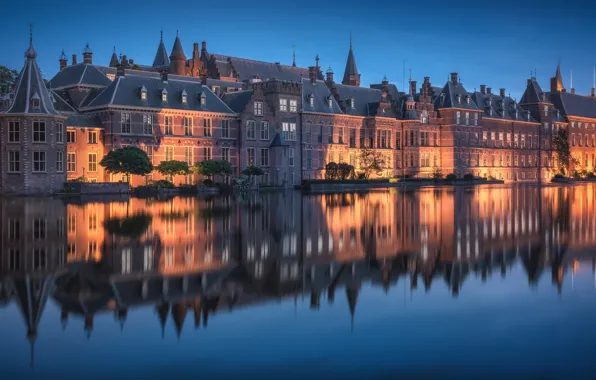 Ночь, отражение, дома, Нидерланды, Гаага, Binnenhof, Бинненхоф