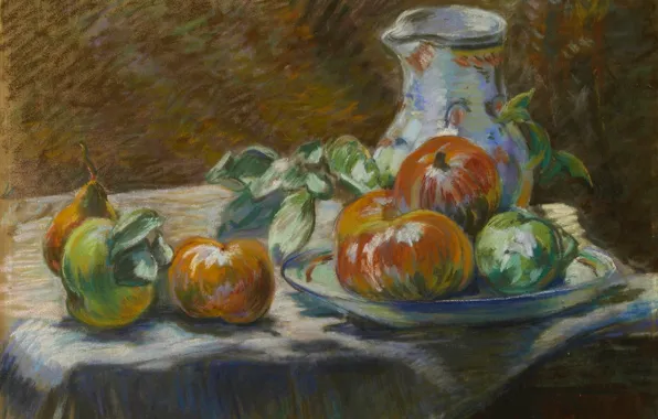 Картинка яблоки, картина, груша, кувшин, Натюрморт с фруктами, Арман Гийомен