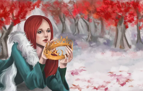 Картинка листья, девушка, деревья, корона, мех, лежа