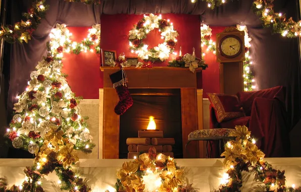 Украшения, огни, комната, праздник, елка, новый год, камин