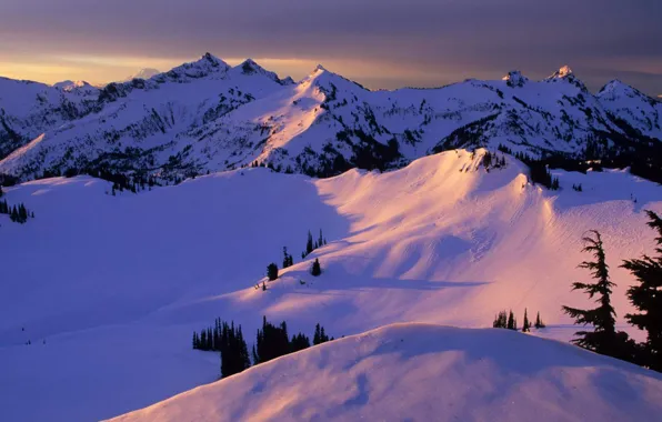 Картинка снег, горы, природа, вершины, sunset, winter, mountain, snow