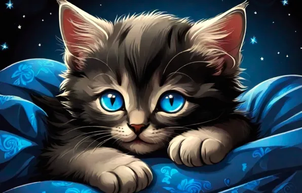 Кошка, взгляд, ночь, поза, котенок, черный, рисунок, постель