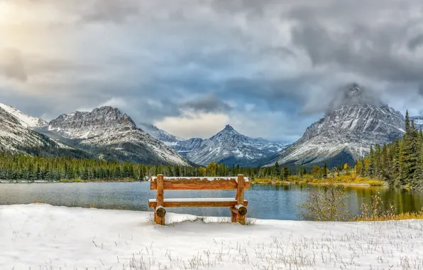 Картинка горы, озеро, скамья