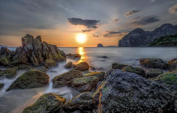 Картинка море, закат, скалы, Таиланд