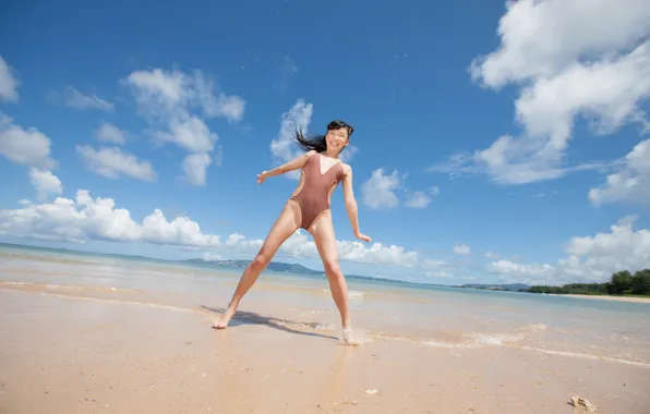 Swimsuit, Clouds, Sky, Beautiful, Asian, Model, Coast, Water