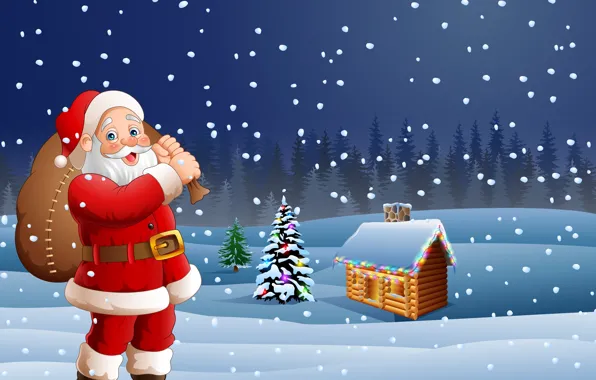 Картинка фото, Зима, Снег, Дом, Новый год, Дед Мороз, Векторная графика